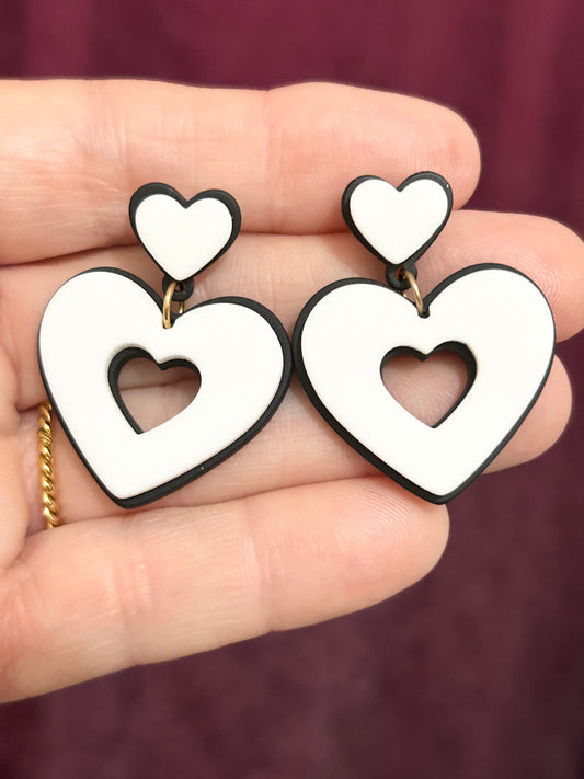 Black And White Hollow Heart Acrylic Earrings