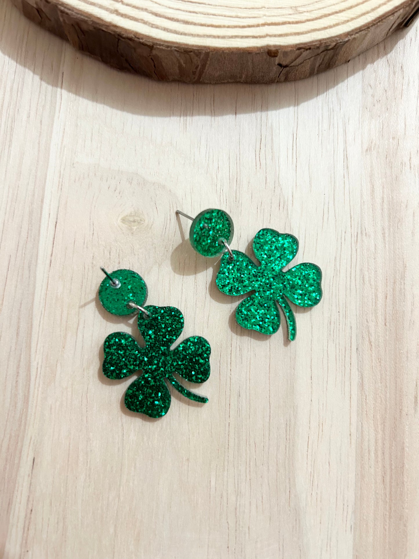 St. Patrick’s Day Glittering Green Clover Drop Acrylic Earrings