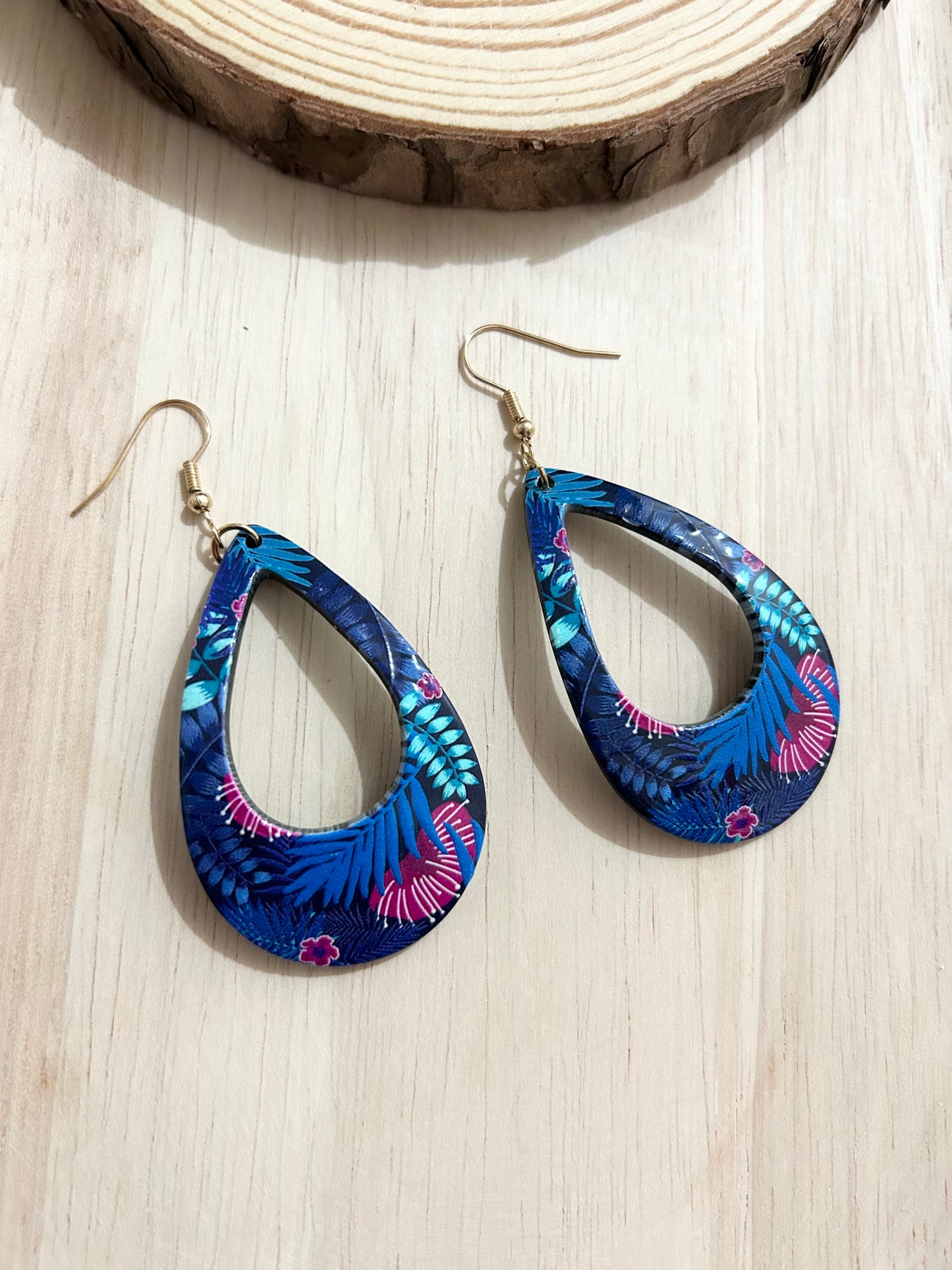 Blue Water Drop Flower Print Acrylic Earrings