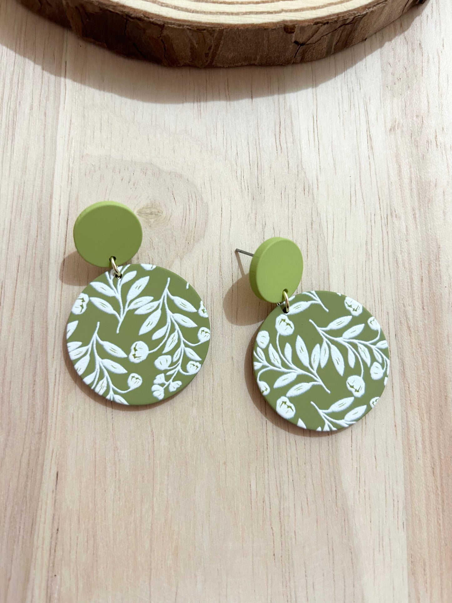 Green, White Twig Leaf Pattern Polymer Clay Earrings