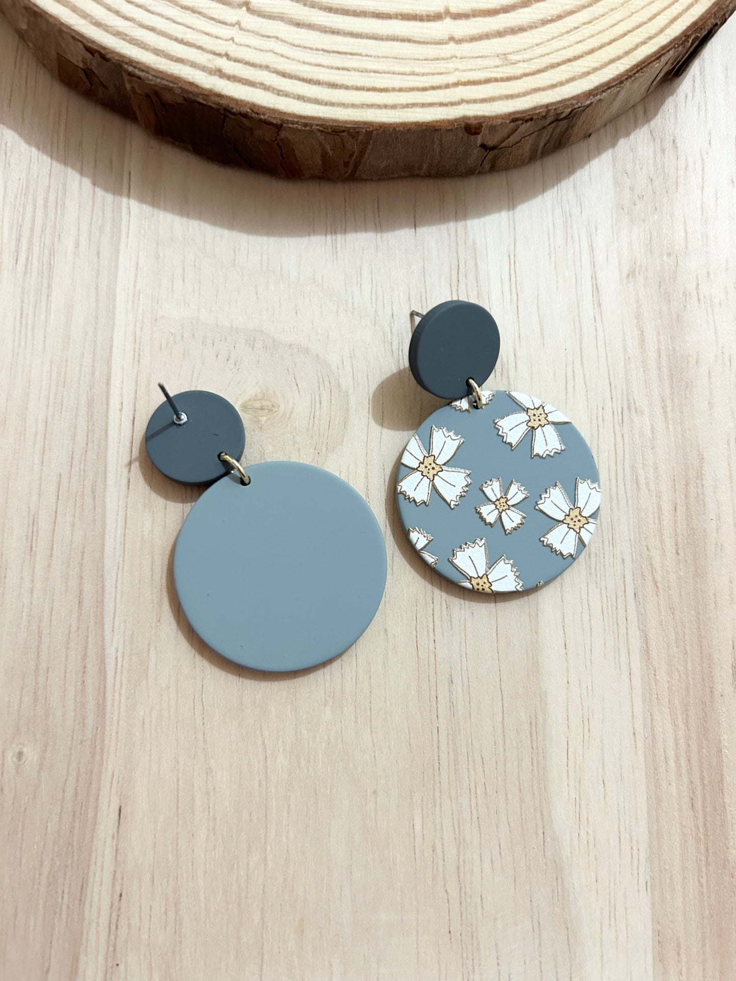 Grey With White Flower Pattern Round Acrylic Earrings