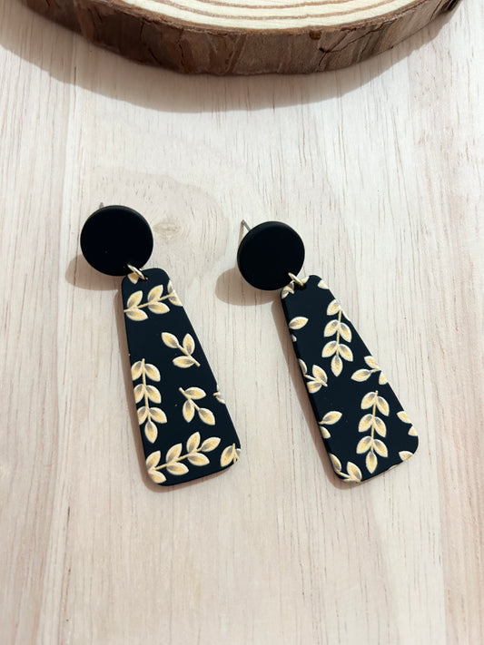 Black Geometric Shape Golden Leaf Pattern Acrylic Earrings