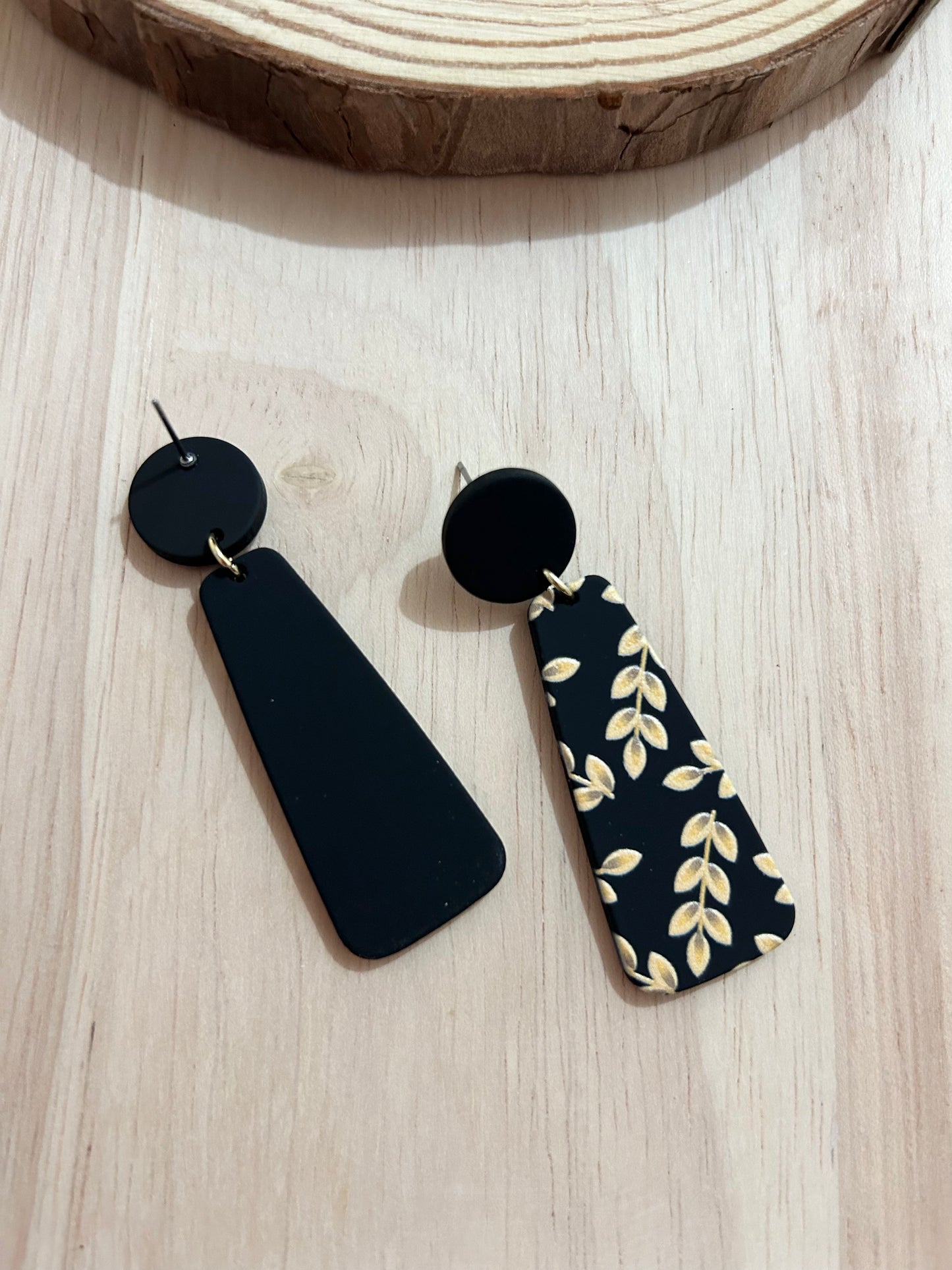 Black Geometric Shape Golden Leaf Pattern Acrylic Earrings