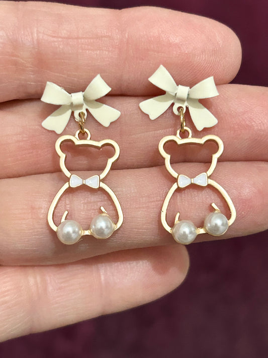 Hollow Bear White Bowknot Gold Plated Earrings