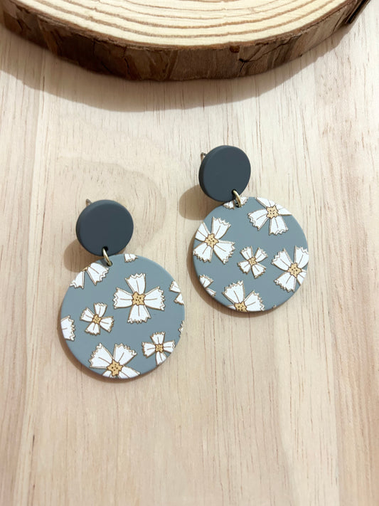 Grey With White Flower Pattern Round Acrylic Earrings