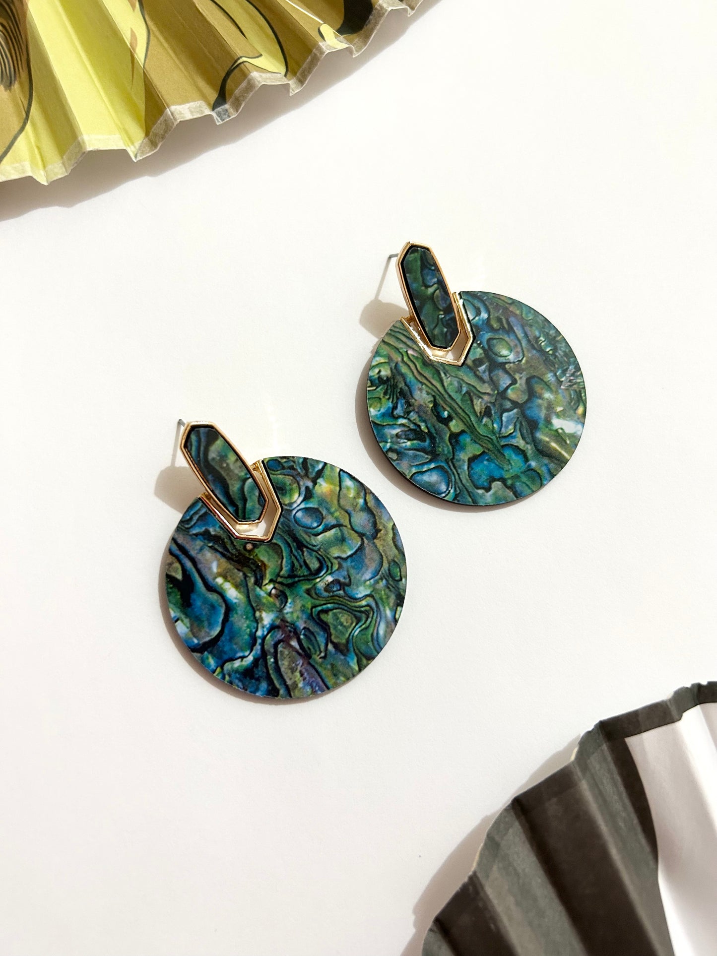 Graphic Round Opal Shell 18K Gold Plated Metal Earrings