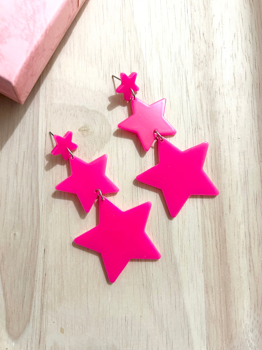 Three-Star Hot Pink Acrylic Earrings