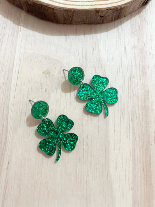 St. Patrick’s Day Glittering Green Clover Drop Acrylic Earrings