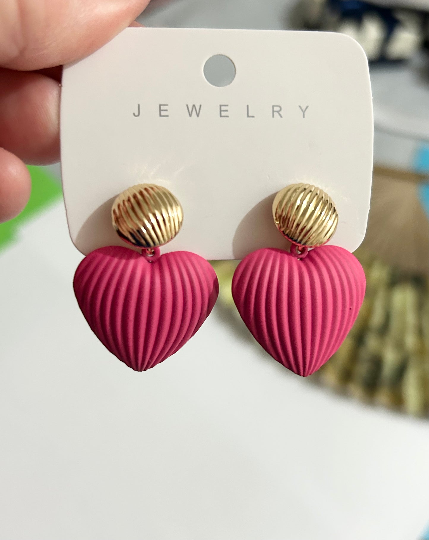 Hot Pink Heart Shape Metal Earrings.