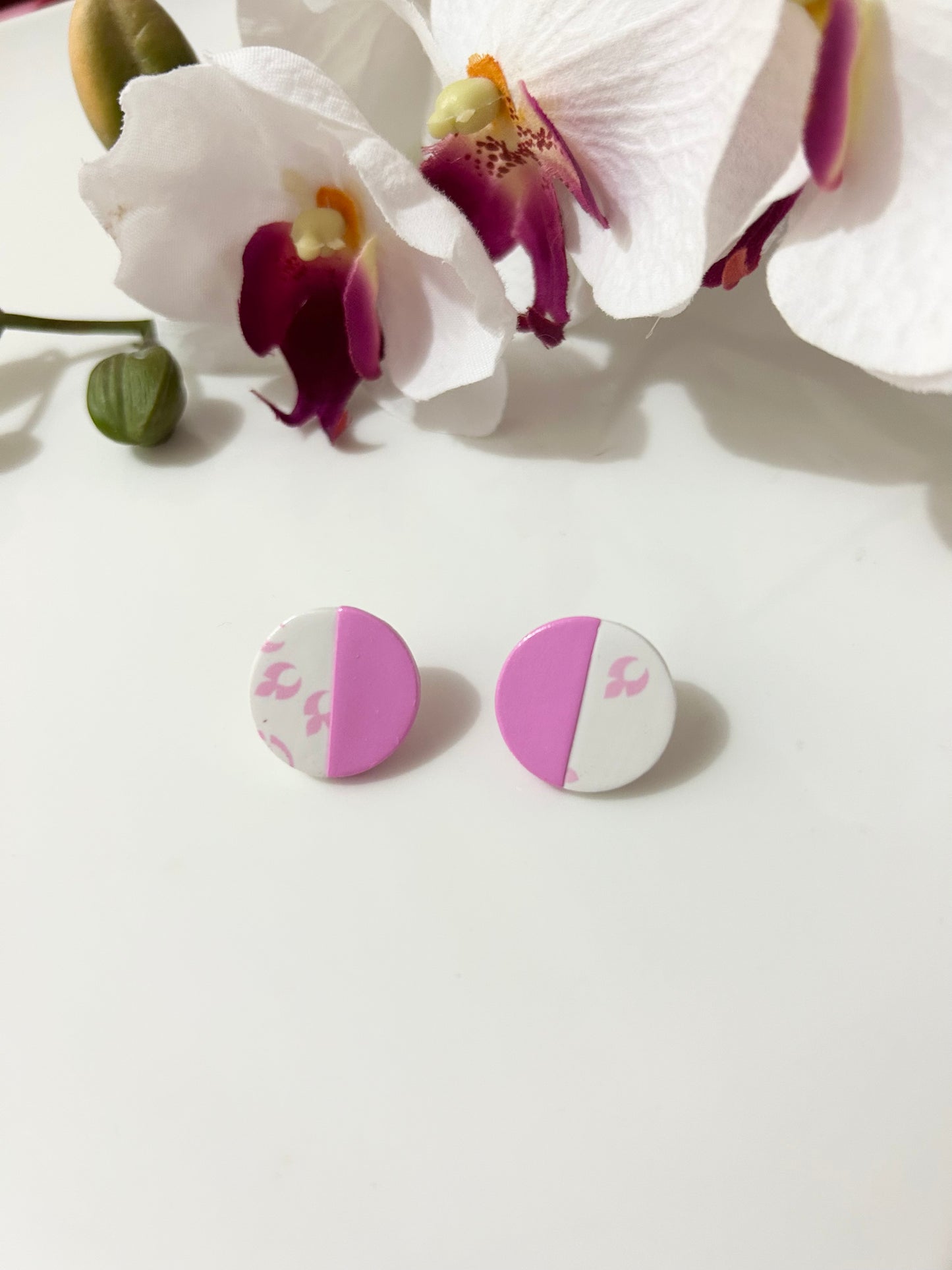 Pink and White Polymer Clay Stud Earrings