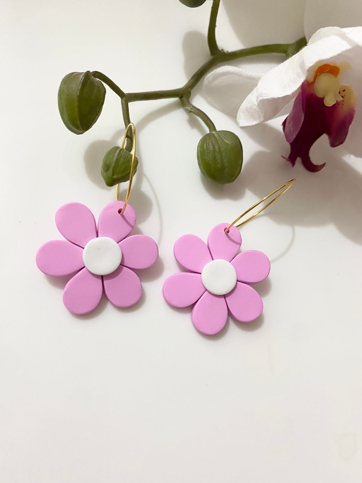 Pink and White Daisies Polymer Clay Earrings